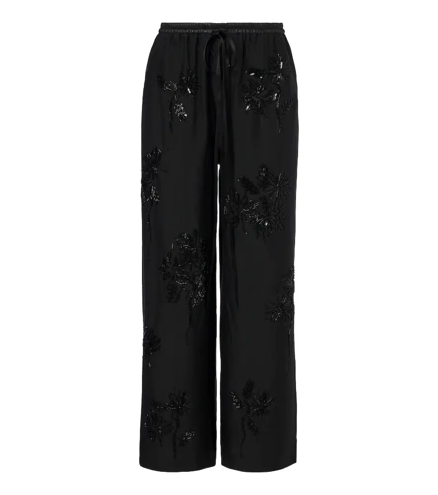 Jacques Wei Embellished leather-trimmed wide-leg pants