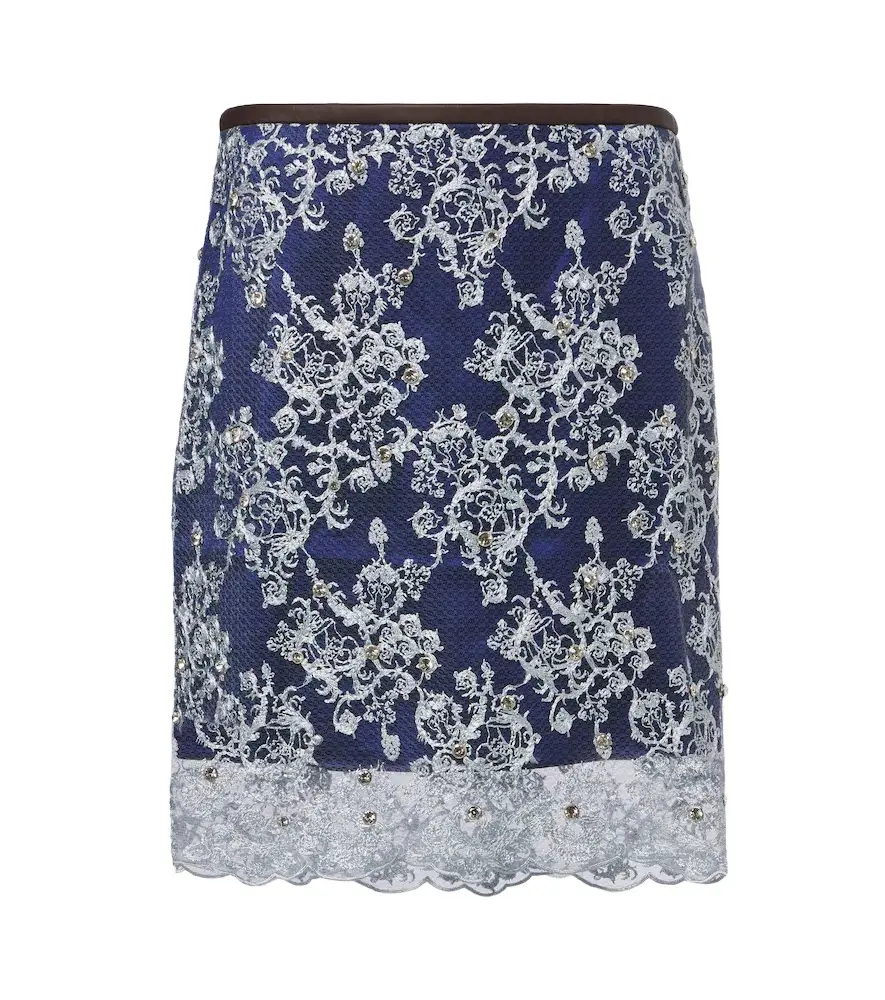 Embellished leather-trimmed lace miniskirt
