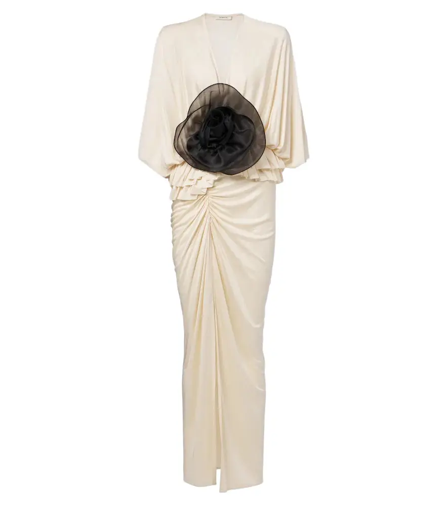 Floral-appliqué gathered satin maxi dress