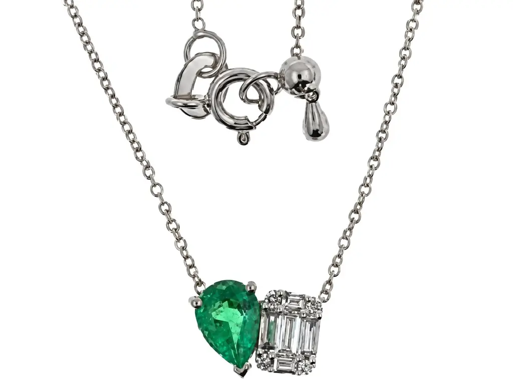 Wish Fine Jewelry 0.65ct Diamond Emerald 18K Gold Pear Pendant Chain Necklace