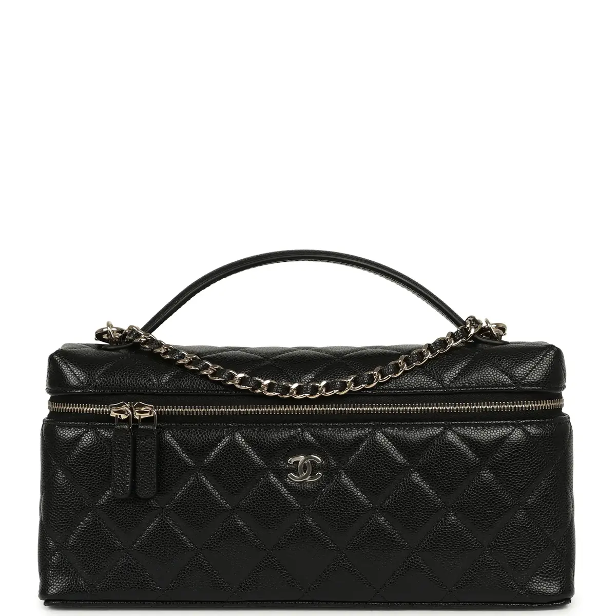 Chanel Chanel East West Top Handle Long Vanity Case with Chain Black Caviar Light Gold Hardware