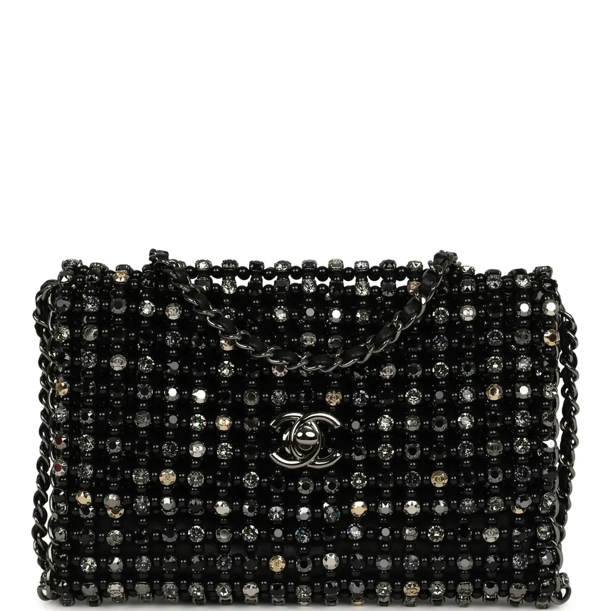 Chanel Medium Beaded Evening Bag Strass, Pearl, Black Leather Ruthenium Hardware Chanel Medium Beaded Evening Bag Strass, Pearl, Black Leather Ruthenium Hardware