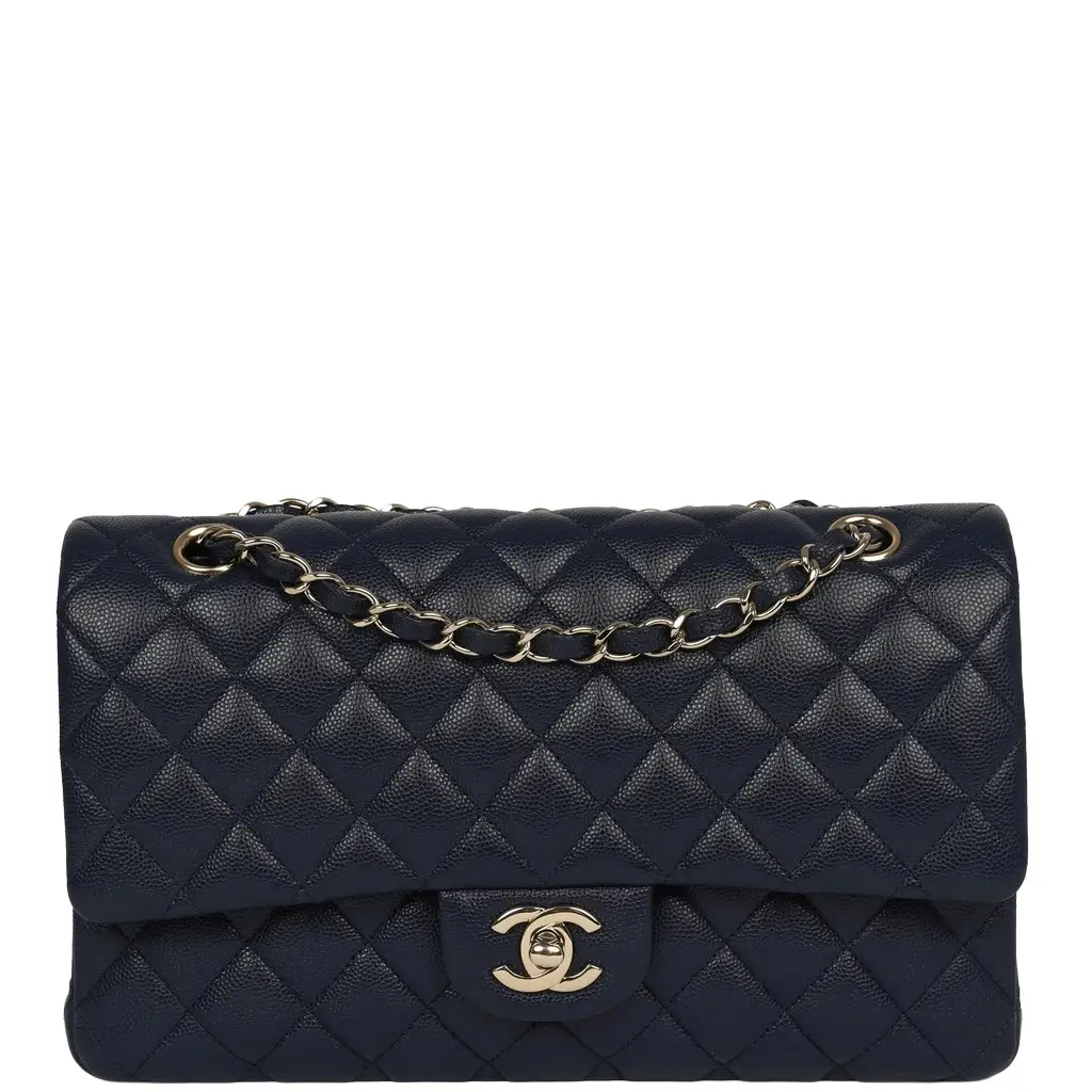 Chanel Chanel Medium Classic Double Flap Bag Navy Blue Shiny Caviar Light Gold Hardware