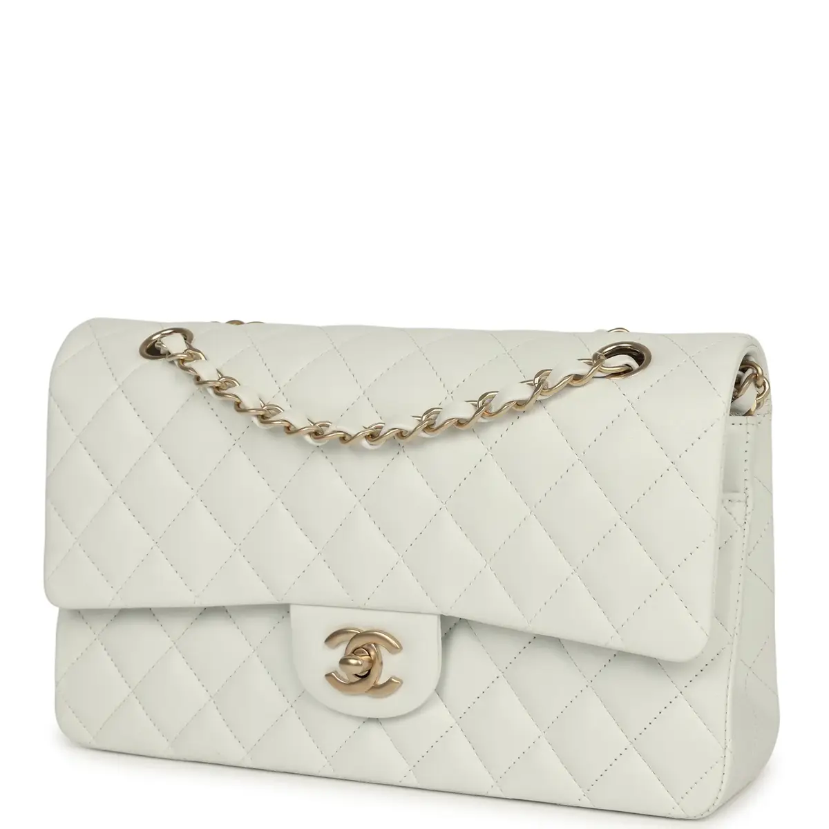 Chanel Chanel Medium Classic Double Flap Bag White Lambskin Brushed Gold Hardware | Thumbnail 5 Chanel Chanel Medium Classic Double Flap Bag White Lambskin Brushed Gold Hardware | Thumbnail 5
