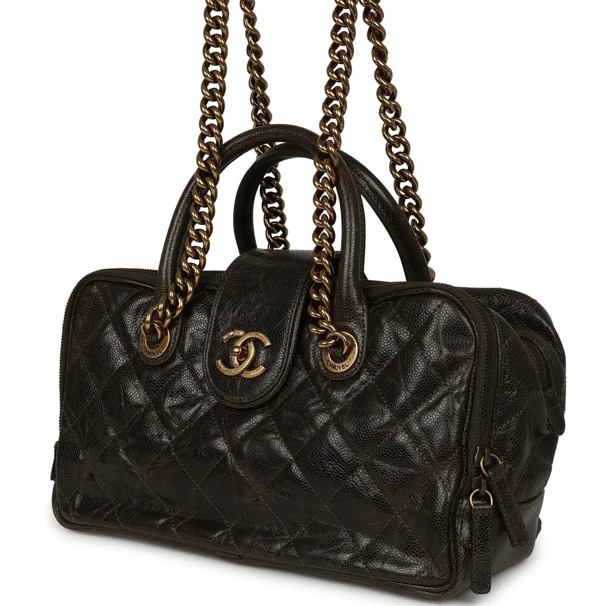 Chanel Chanel Paris-Bombay Shiva Bowling Bag Khaki Shiny Aged Crumpled Calfskin Antique Gold Hardware | Thumbnail 5