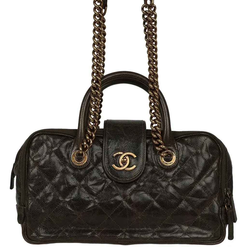 Chanel Paris-Bombay Shiva Bowling Bag Khaki Shiny Aged Crumpled Calfskin Antique Gold Hardware Chanel Paris-Bombay Shiva Bowling Bag Khaki Shiny Aged Crumpled Calfskin Antique Gold Hardware