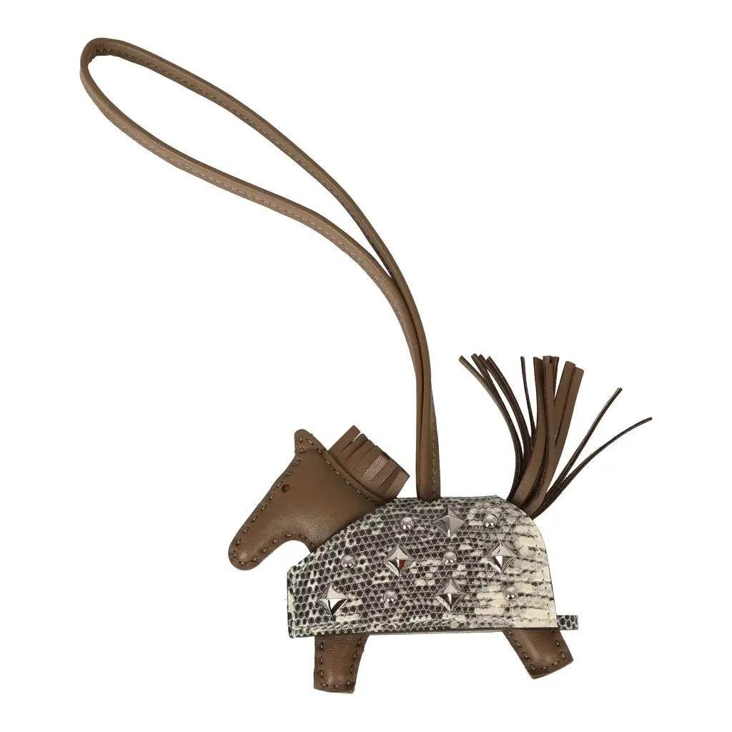 Hermes Rodeo Rock Bag Charm PM Ombre Shiny Varanus Salvator Lizard and Etoupe Milo Lambskin Palladium Hardware Hermes Rodeo Rock Bag Charm PM Ombre Shiny Varanus Salvator Lizard and Etoupe Milo Lambskin Palladium Hardware