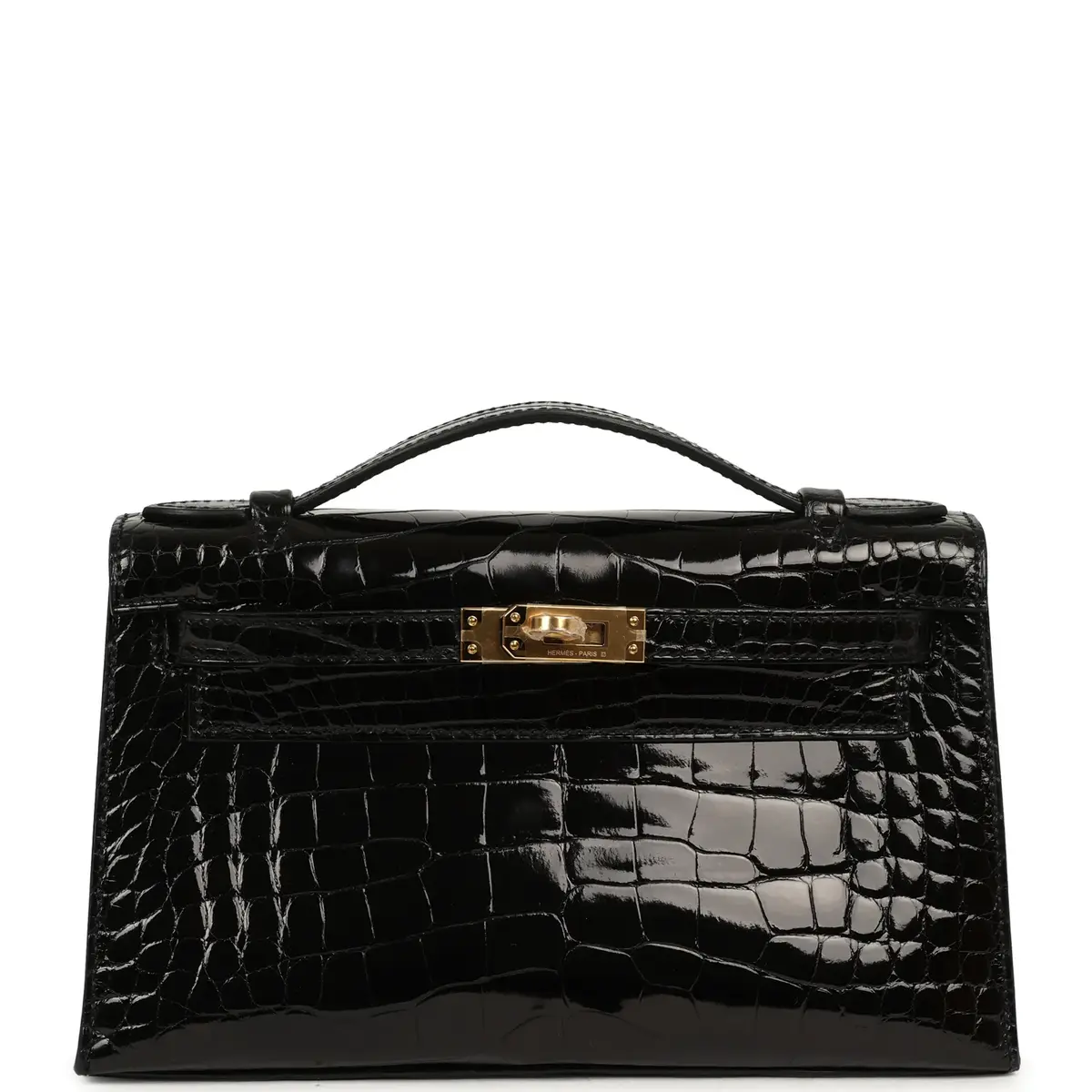 HERMÈS Hermes Special Order (HSS) Kelly Pochette Black Verso Shiny Alligator Gold Hardware