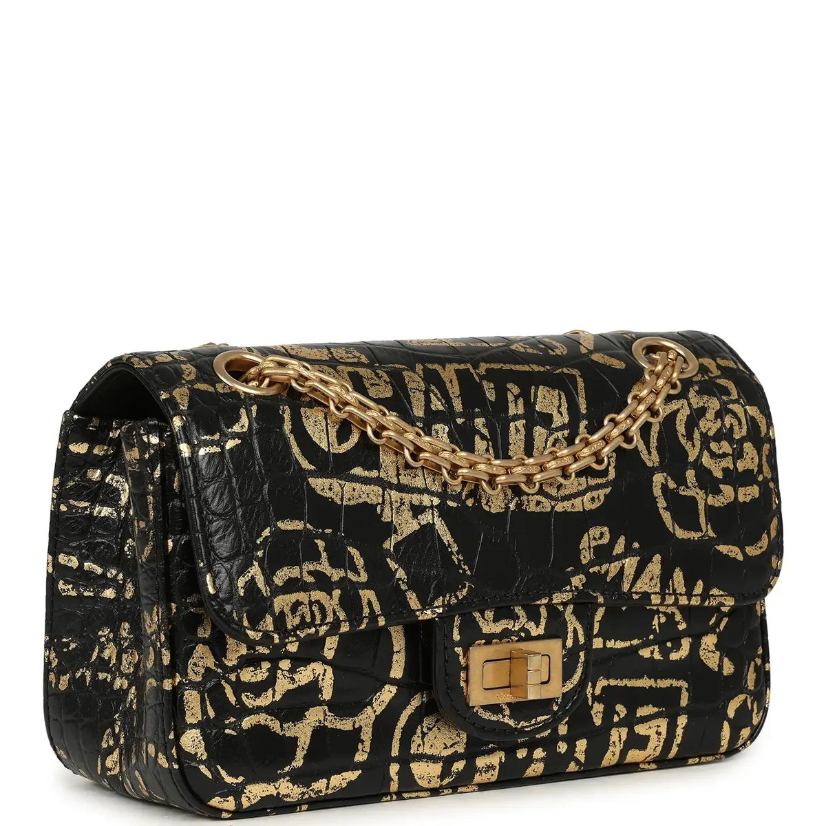 Chanel Pre-owned Chanel Mini Graffiti Reissue 224 2.55 Flap Bag Black, Gold Croc Embossed Calfskin Brushed Gold Hardware | Thumbnail 2 Chanel Pre-owned Chanel Mini Graffiti Reissue 224 2.55 Flap Bag Black, Gold Croc Embossed Calfskin Brushed Gold Hardware | Thumbnail 2