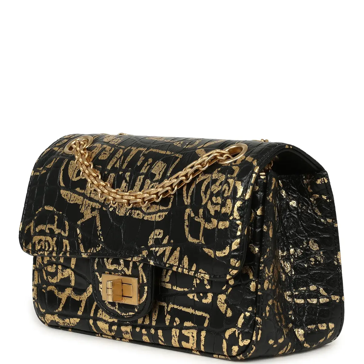 Chanel Pre-owned Chanel Mini Graffiti Reissue 224 2.55 Flap Bag Black, Gold Croc Embossed Calfskin Brushed Gold Hardware | Thumbnail 5 Chanel Pre-owned Chanel Mini Graffiti Reissue 224 2.55 Flap Bag Black, Gold Croc Embossed Calfskin Brushed Gold Hardware | Thumbnail 5
