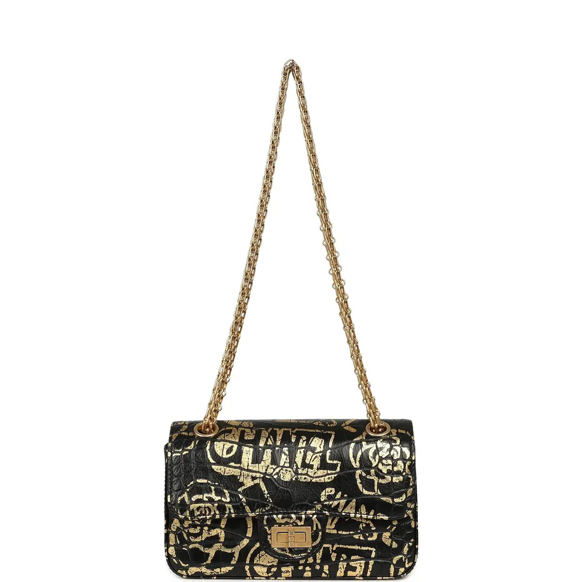 Chanel Pre-owned Chanel Mini Graffiti Reissue 224 2.55 Flap Bag Black, Gold Croc Embossed Calfskin Brushed Gold Hardware | Thumbnail 7 Chanel Pre-owned Chanel Mini Graffiti Reissue 224 2.55 Flap Bag Black, Gold Croc Embossed Calfskin Brushed Gold Hardware | Thumbnail 7