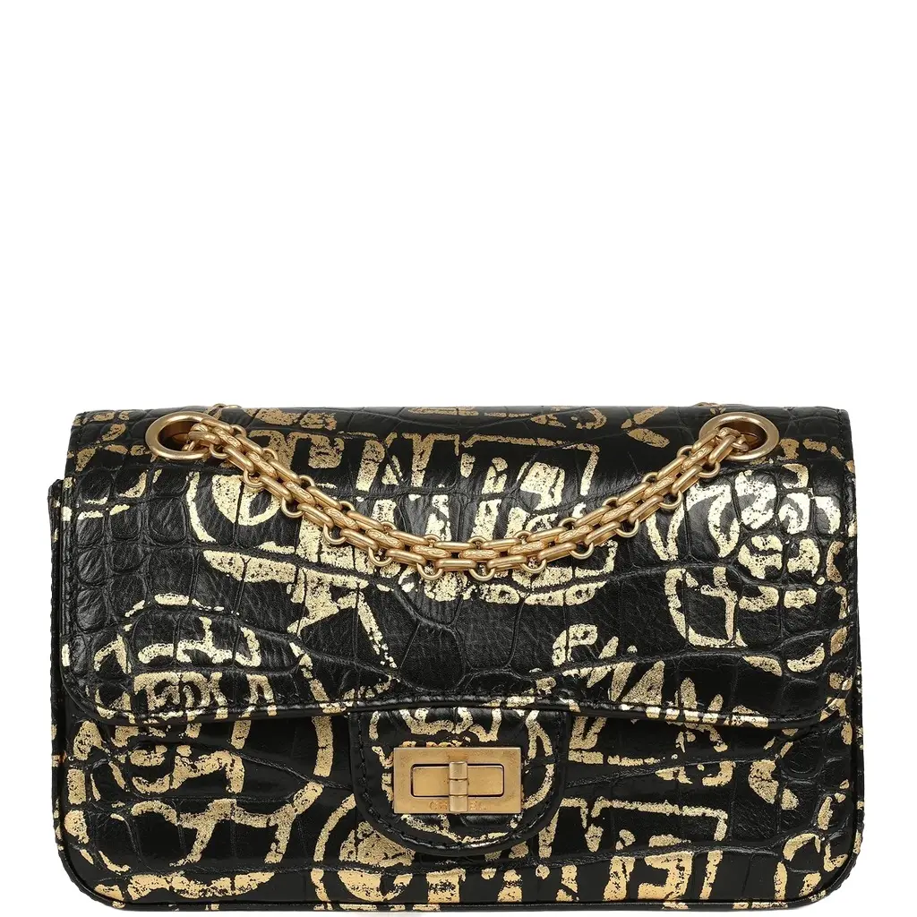 Chanel Pre-owned Chanel Mini Graffiti Reissue 224 2.55 Flap Bag Black, Gold Croc Embossed Calfskin Brushed Gold Hardware