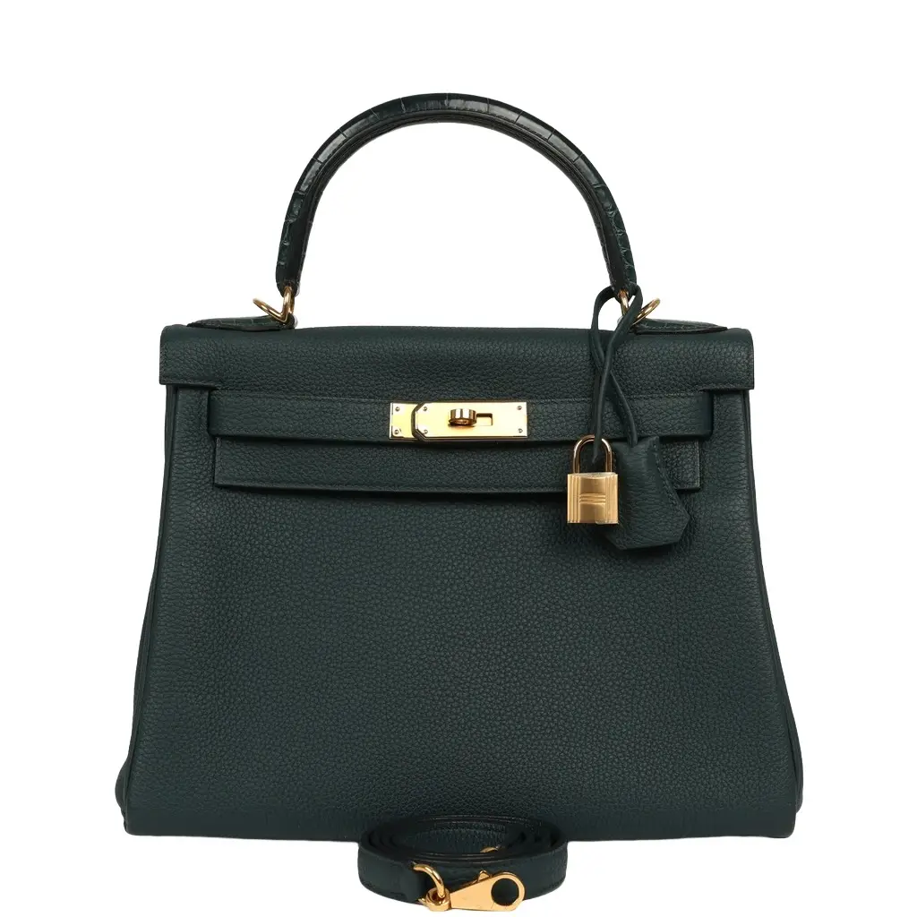 HERMÈS Pre-owned Hermes Kelly Retourne 28 Vert Cypress Togo, Matte Alligator Touch Gold Hardware
