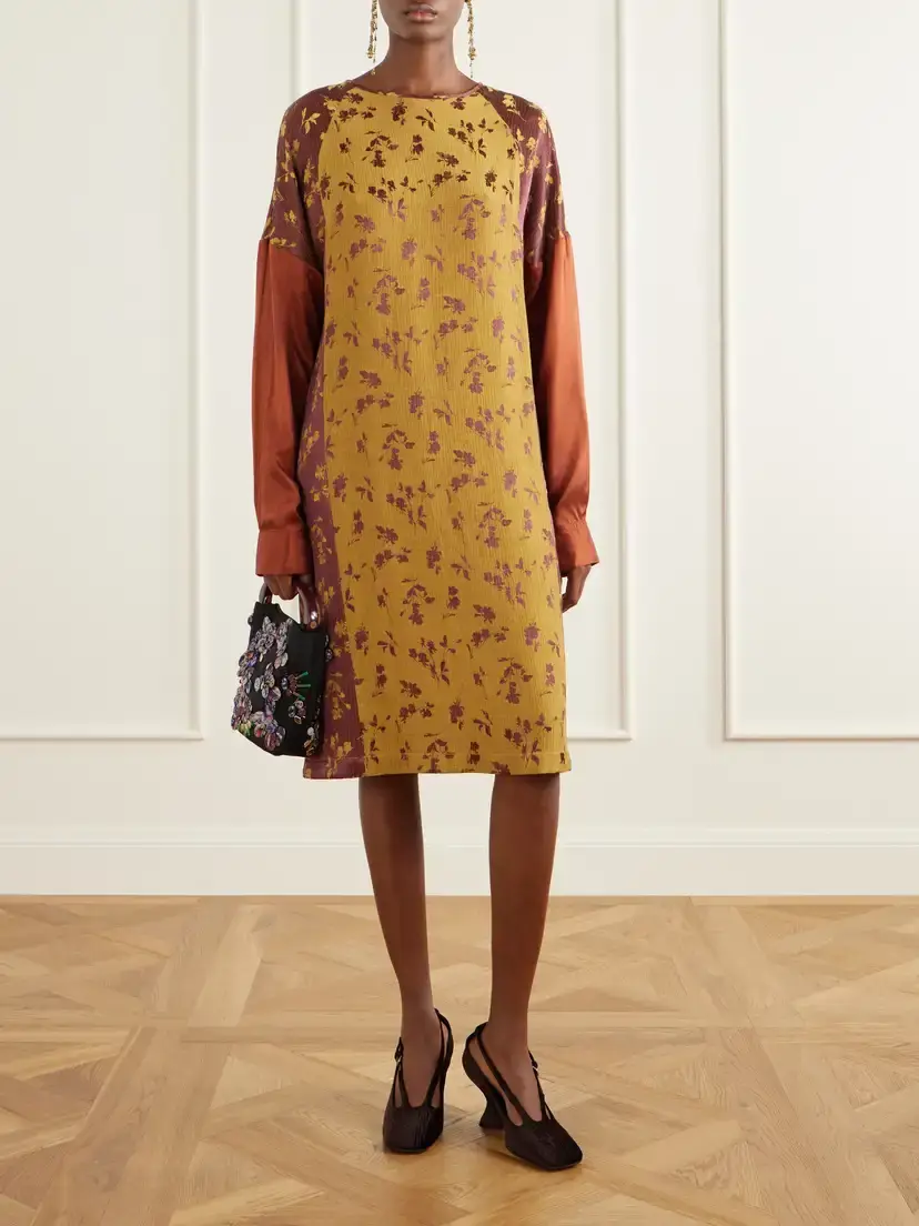 Dries Van Noten Crinkled Satin-trimmed Floral-jacquard Crepe Midi Dress | Thumbnail 2 Dries Van Noten Crinkled Satin-trimmed Floral-jacquard Crepe Midi Dress | Thumbnail 2