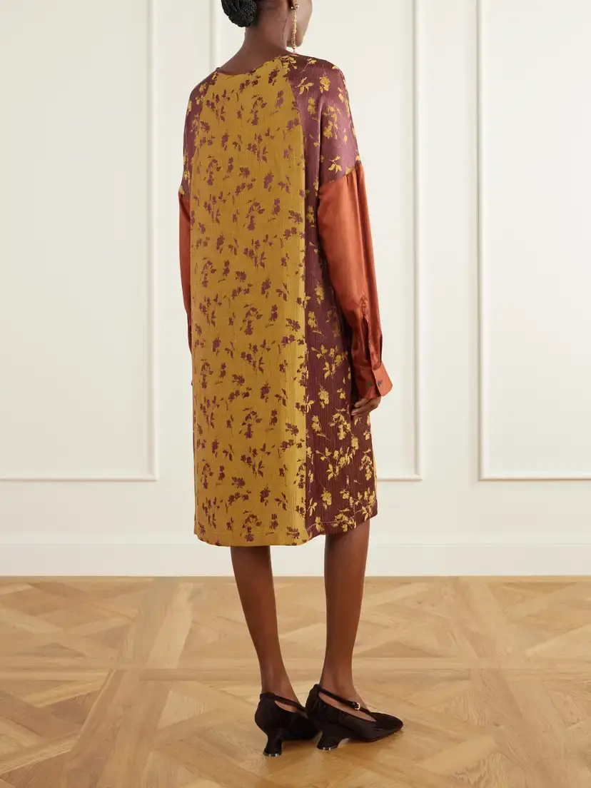 Dries Van Noten Crinkled Satin-trimmed Floral-jacquard Crepe Midi Dress | Thumbnail 3 Dries Van Noten Crinkled Satin-trimmed Floral-jacquard Crepe Midi Dress | Thumbnail 3