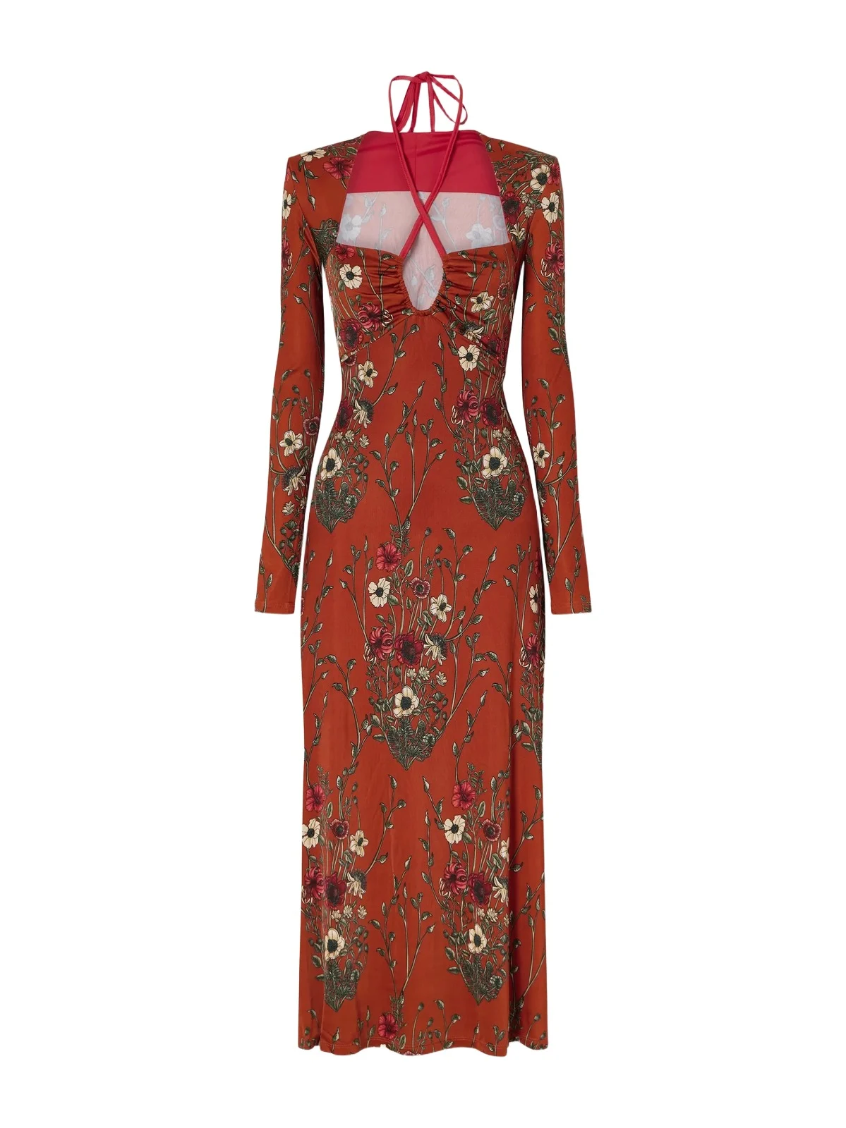 Festive Performance Gathered Floral-print Stretch-jersey Halterneck Midi Dress