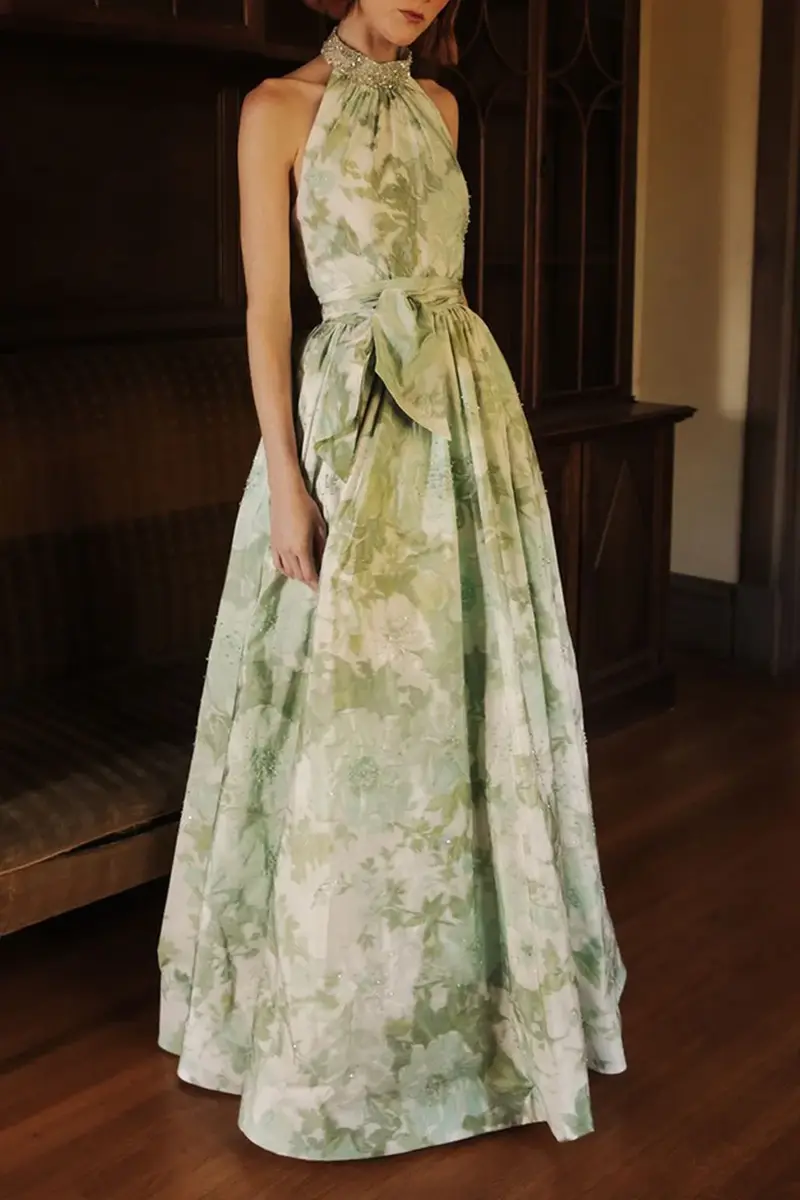 CATHERINE REGEHR Floral T-Neck Gem Collar Gown