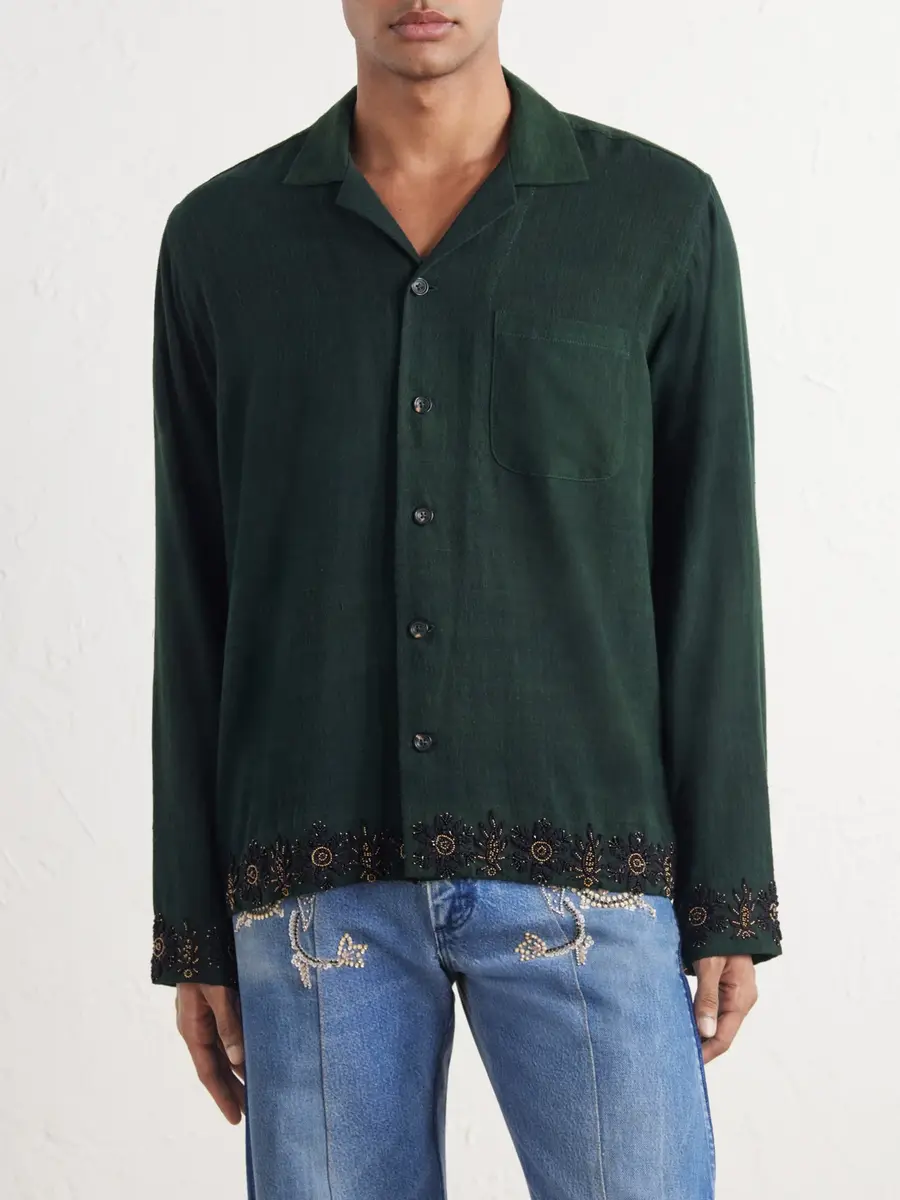 Kartik Research Camp-Collar Bead-Embellished Embroidered Cotton Shirt - Men | Thumbnail 3