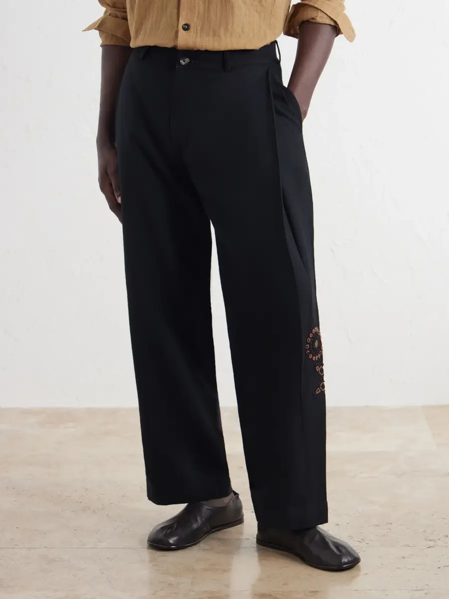 Kartik Research Straight-Leg Pleated Bead-Embroidered Wool Trousers - Men | Thumbnail 3 Kartik Research Straight-Leg Pleated Bead-Embroidered Wool Trousers - Men | Thumbnail 3