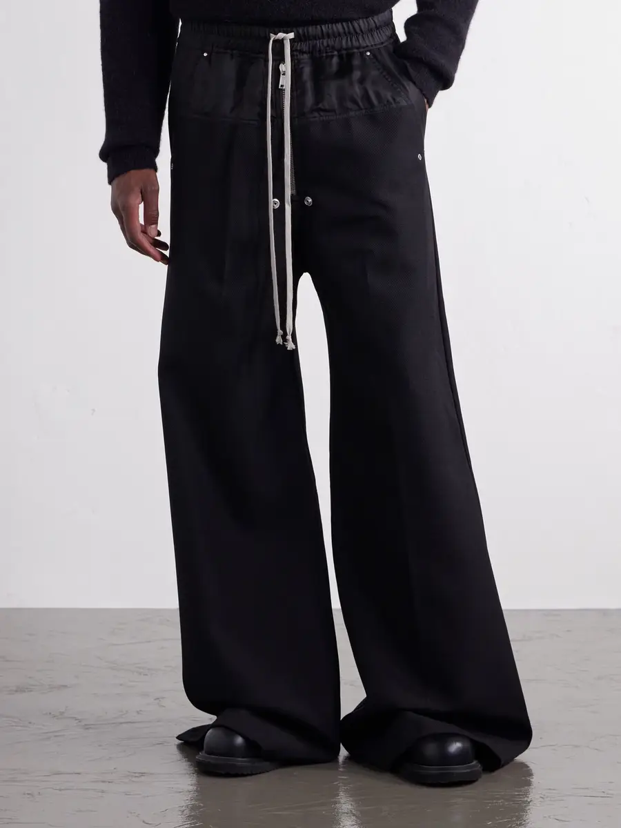 Rick Owens Bela Wide-Leg Satin-Trimmed Virgin Wool-Whipcord Drawstring Trousers - Men | Thumbnail 3 Rick Owens Bela Wide-Leg Satin-Trimmed Virgin Wool-Whipcord Drawstring Trousers - Men | Thumbnail 3