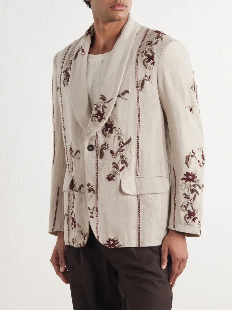 Kartik Research Bead-Embellished Embroidered Shawl-Collar Linen Blazer - Men | Thumbnail 3