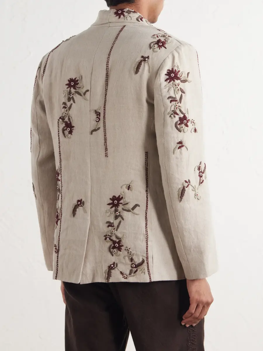 Kartik Research Bead-Embellished Embroidered Shawl-Collar Linen Blazer - Men | Thumbnail 4