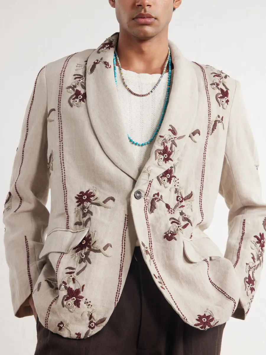 Kartik Research Bead-Embellished Embroidered Shawl-Collar Linen Blazer - Men | Thumbnail 5