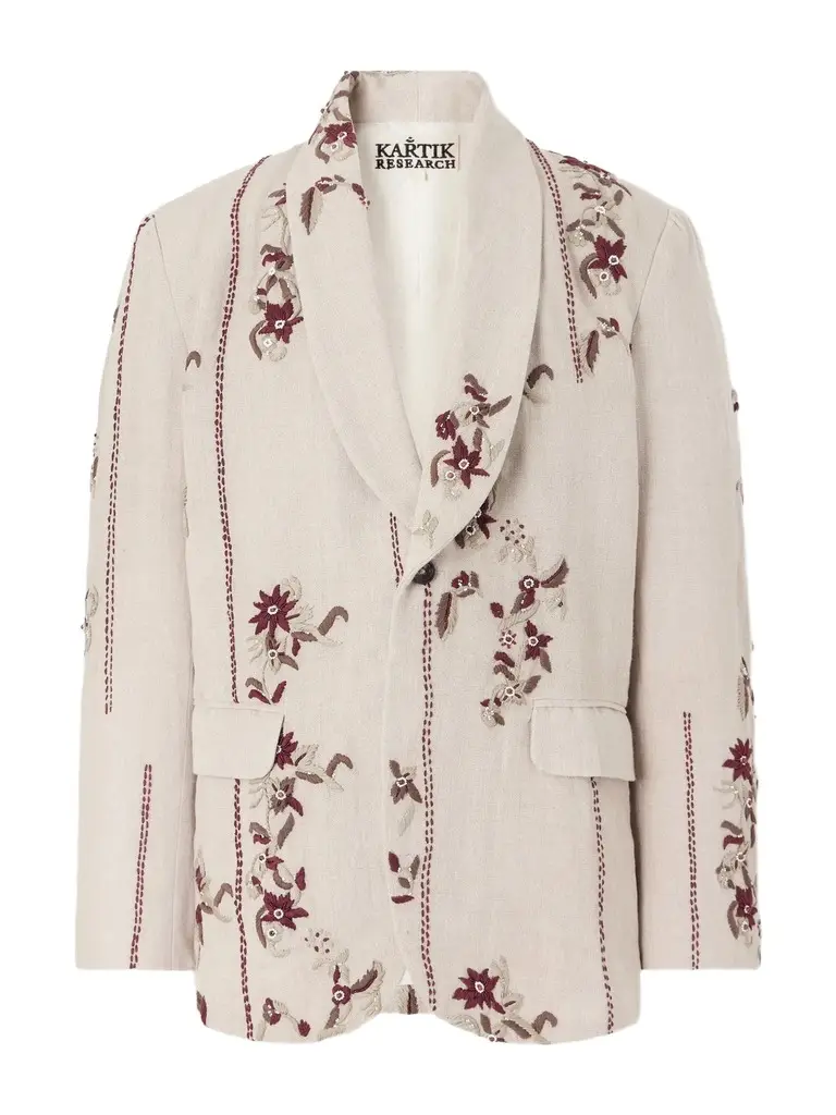 Kartik Research Bead-Embellished Embroidered Shawl-Collar Linen Blazer - Men