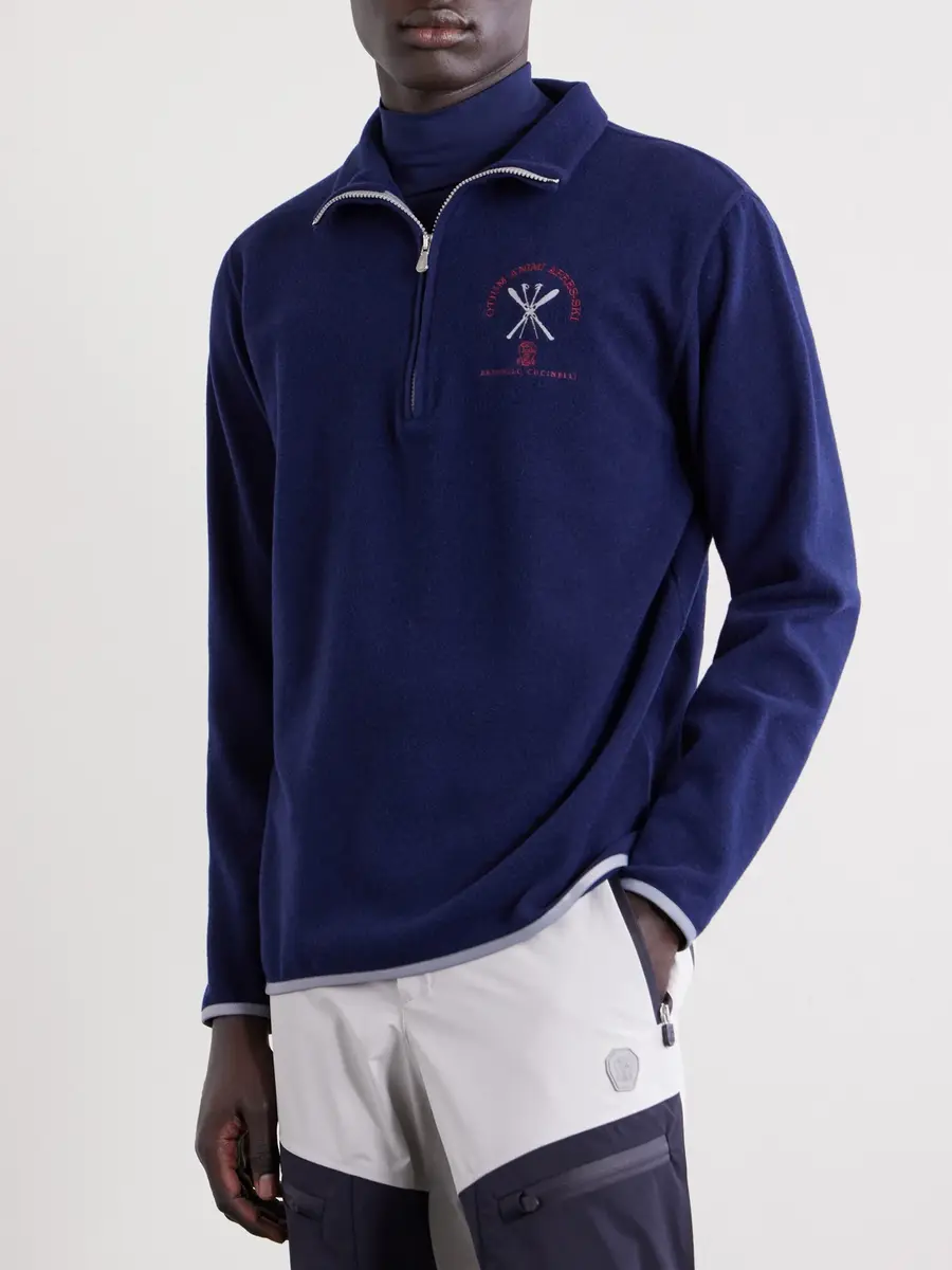 Brunello Cucinelli Logo-Embroidered Cashmere and Cotton-Blend Half-Zip Ski Mid Layer - Men | Thumbnail 3