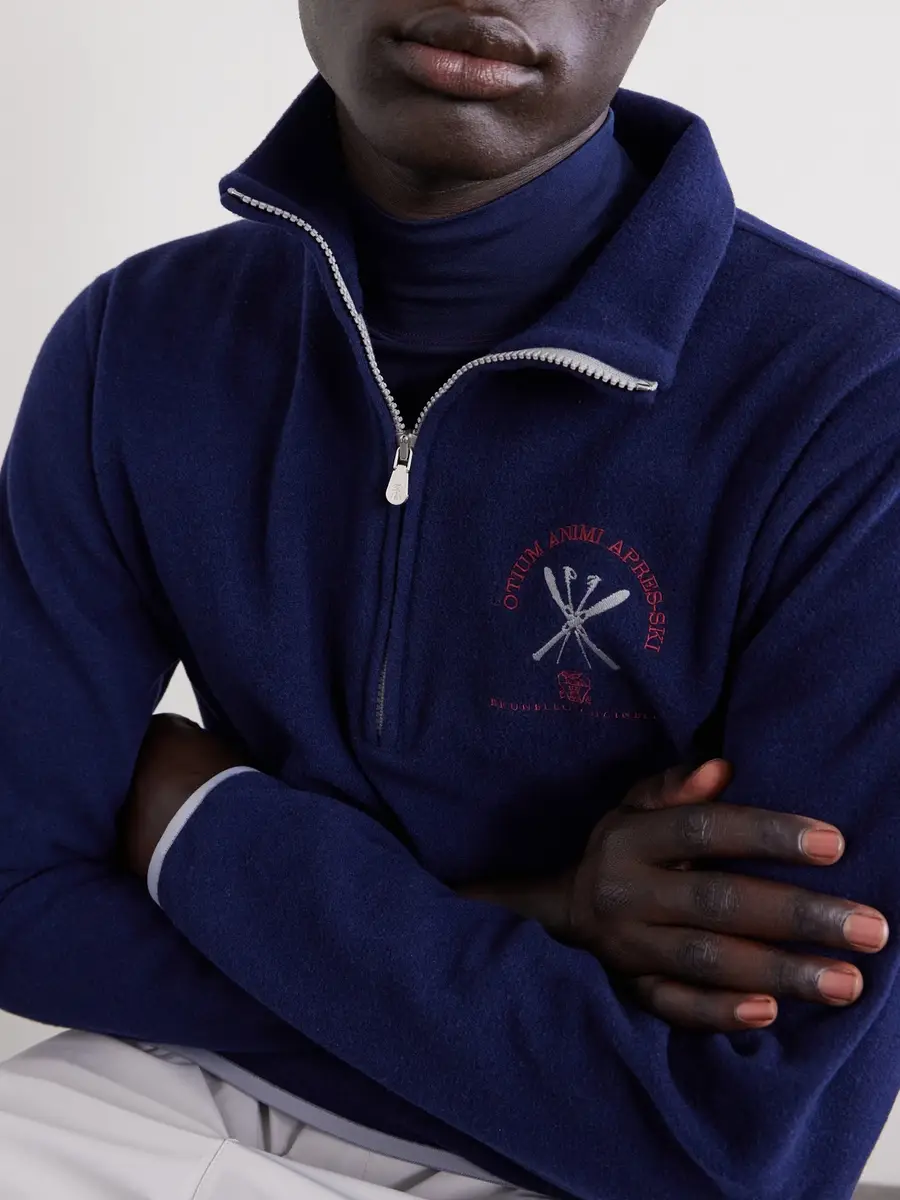 Brunello Cucinelli Logo-Embroidered Cashmere and Cotton-Blend Half-Zip Ski Mid Layer - Men | Thumbnail 5