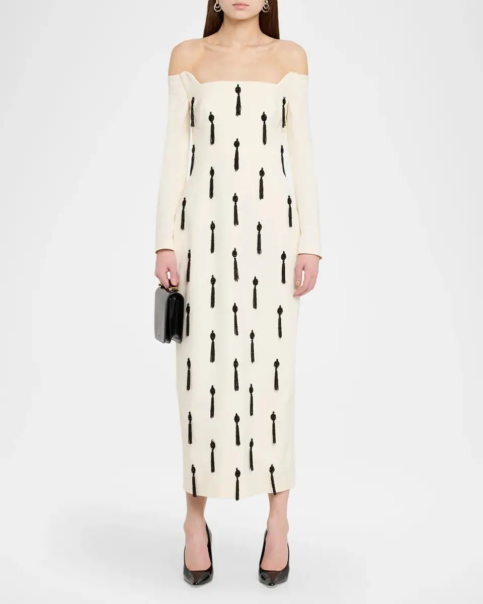 Lela Rose Tassel Embroidered Stretch Cotton Off-The-Shoulder Column Dress | Thumbnail 2 Lela Rose Tassel Embroidered Stretch Cotton Off-The-Shoulder Column Dress | Thumbnail 2