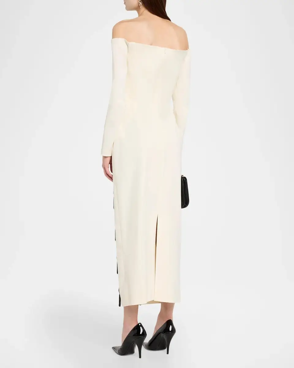 Lela Rose Tassel Embroidered Stretch Cotton Off-The-Shoulder Column Dress | Thumbnail 3 Lela Rose Tassel Embroidered Stretch Cotton Off-The-Shoulder Column Dress | Thumbnail 3