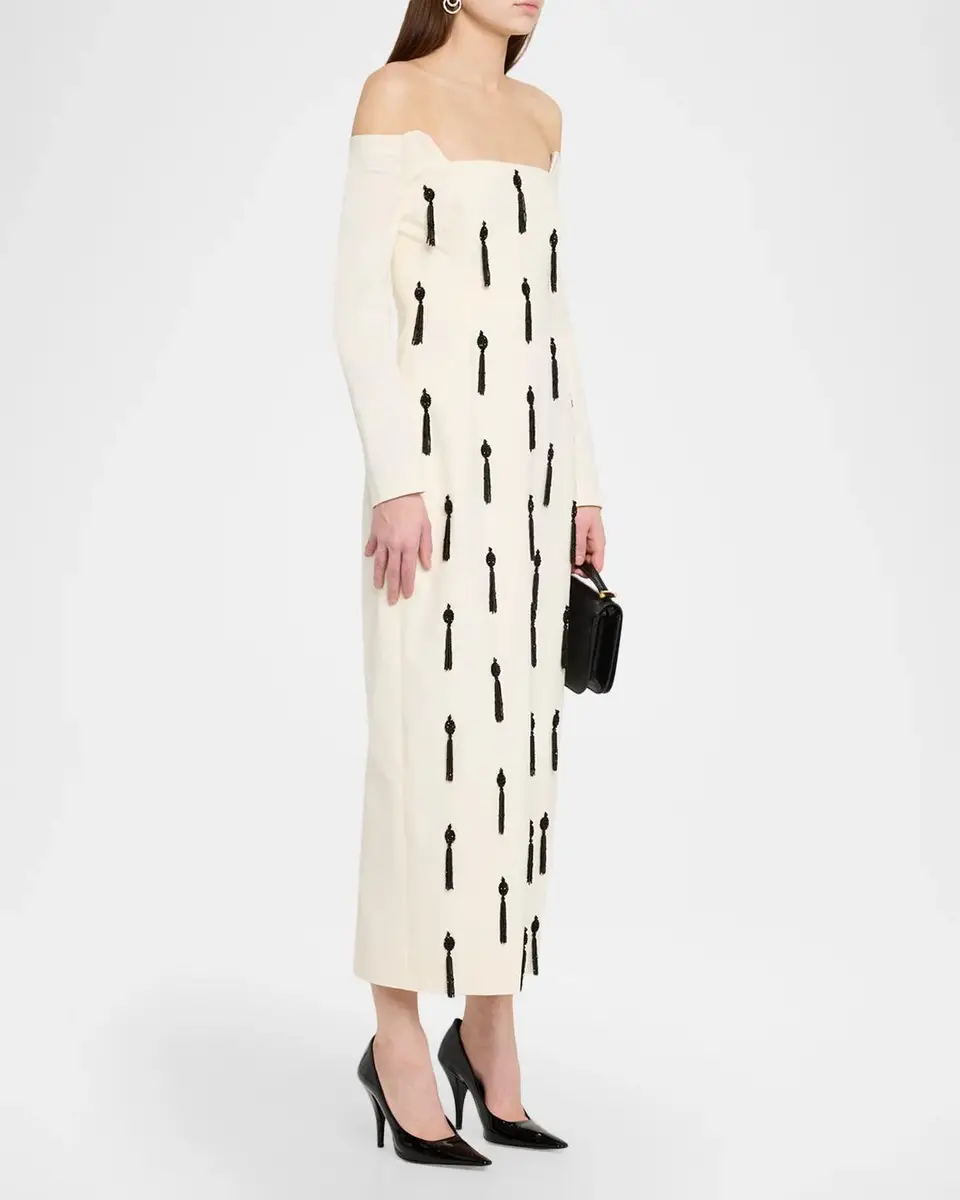 Lela Rose Tassel Embroidered Stretch Cotton Off-The-Shoulder Column Dress | Thumbnail 4 Lela Rose Tassel Embroidered Stretch Cotton Off-The-Shoulder Column Dress | Thumbnail 4