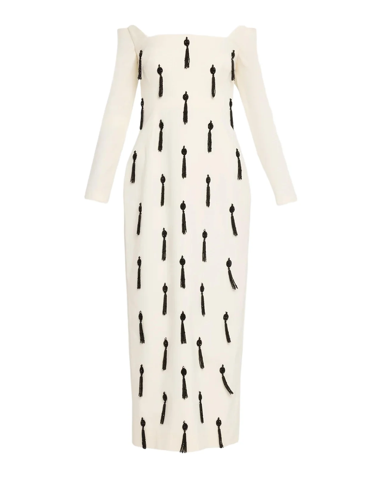 Lela Rose Tassel Embroidered Stretch Cotton Off-The-Shoulder Column Dress