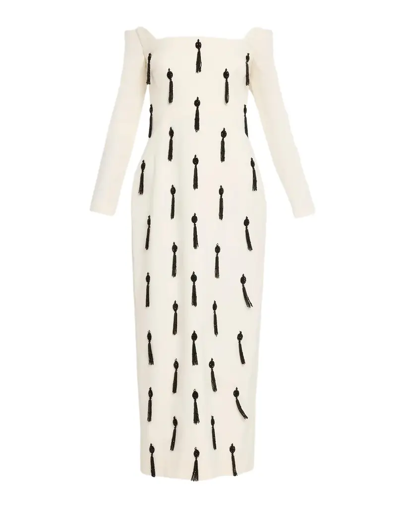 Lela Rose Tassel Embroidered Stretch Cotton Off-The-Shoulder Column Dress