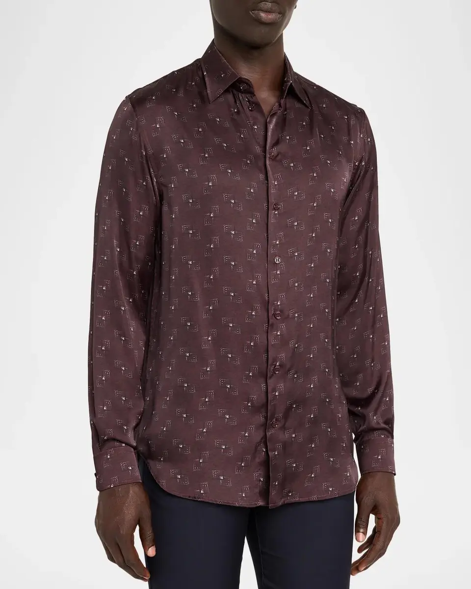 Emporio Armani Men's Overlapping Square Silk Button-Front Shirt | Thumbnail 4 Emporio Armani Men's Overlapping Square Silk Button-Front Shirt | Thumbnail 4
