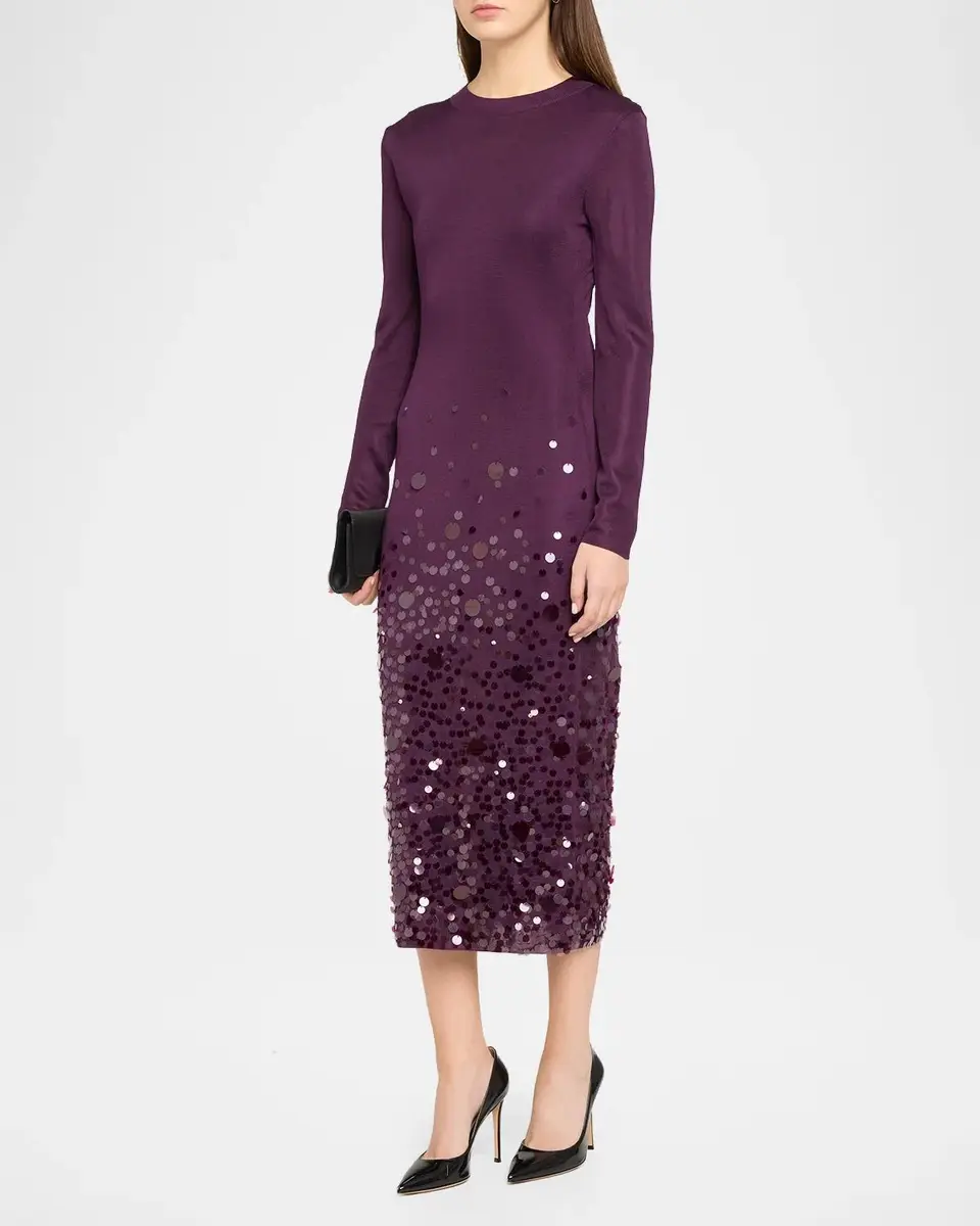 Carolina Herrera Embellished Knit Long-Sleeve Midi Dress | Thumbnail 4