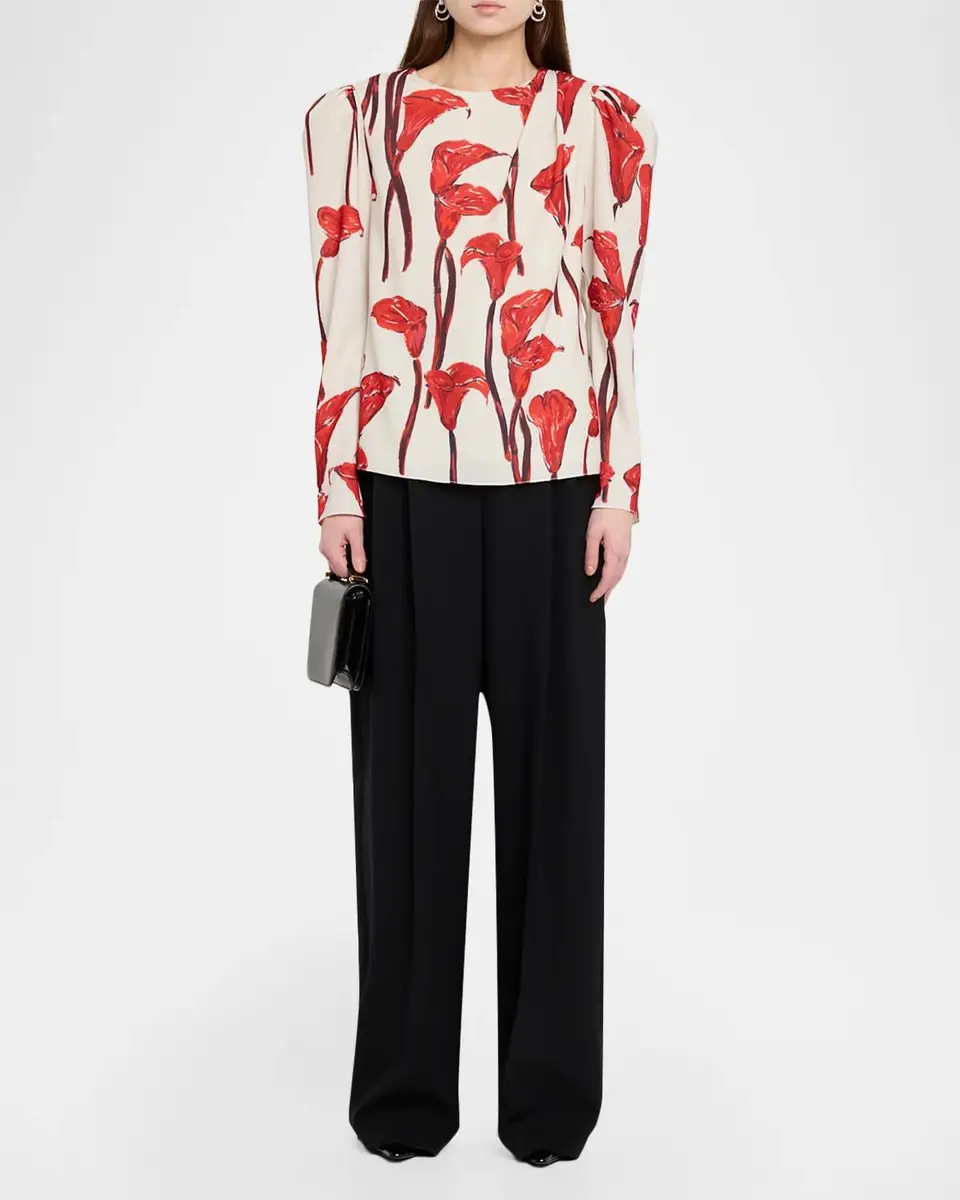 Carolina Herrera Cala Lily Crepe Draped-Sleeve Blouse | Thumbnail 2 Carolina Herrera Cala Lily Crepe Draped-Sleeve Blouse | Thumbnail 2