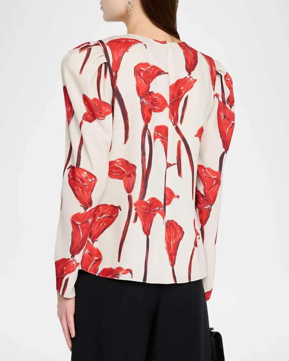 Carolina Herrera Cala Lily Crepe Draped-Sleeve Blouse | Thumbnail 3 Carolina Herrera Cala Lily Crepe Draped-Sleeve Blouse | Thumbnail 3