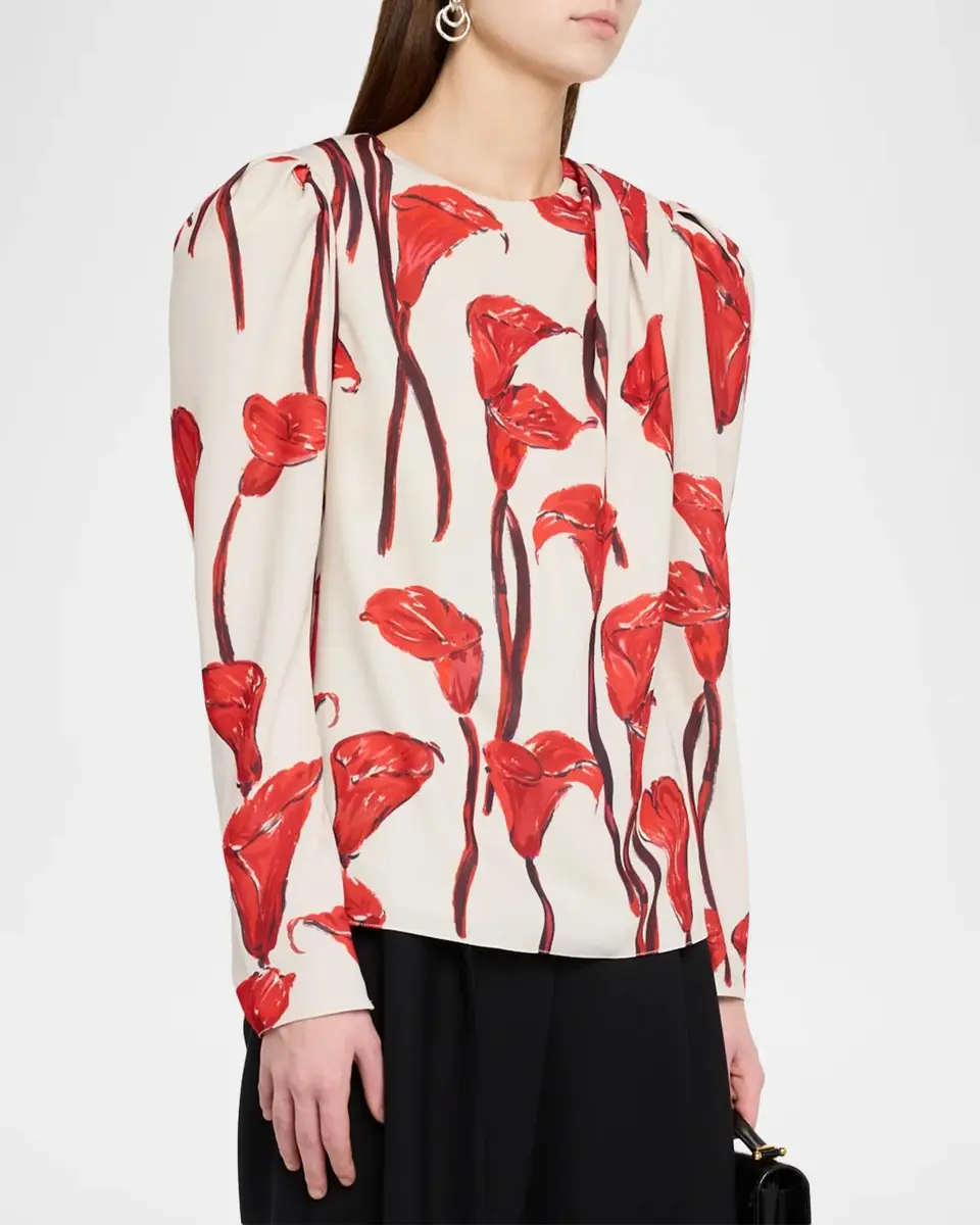 Carolina Herrera Cala Lily Crepe Draped-Sleeve Blouse | Thumbnail 4 Carolina Herrera Cala Lily Crepe Draped-Sleeve Blouse | Thumbnail 4