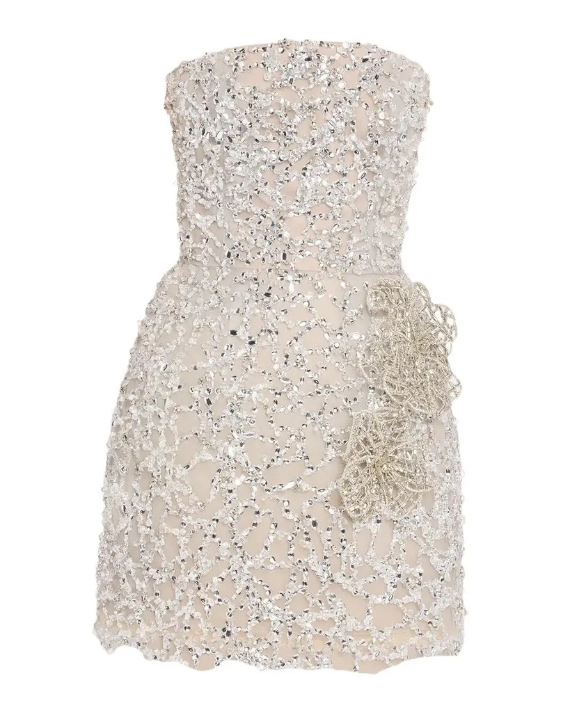 Oscar de la Renta Crystal Leaves Embroidered Strapless Mini Dress