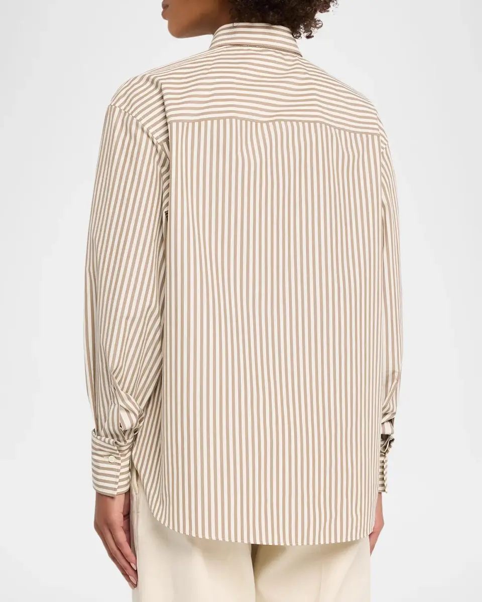 Brunello Cucinelli Striped Cotton Button-Down Shirt With Monili Trim | Thumbnail 3