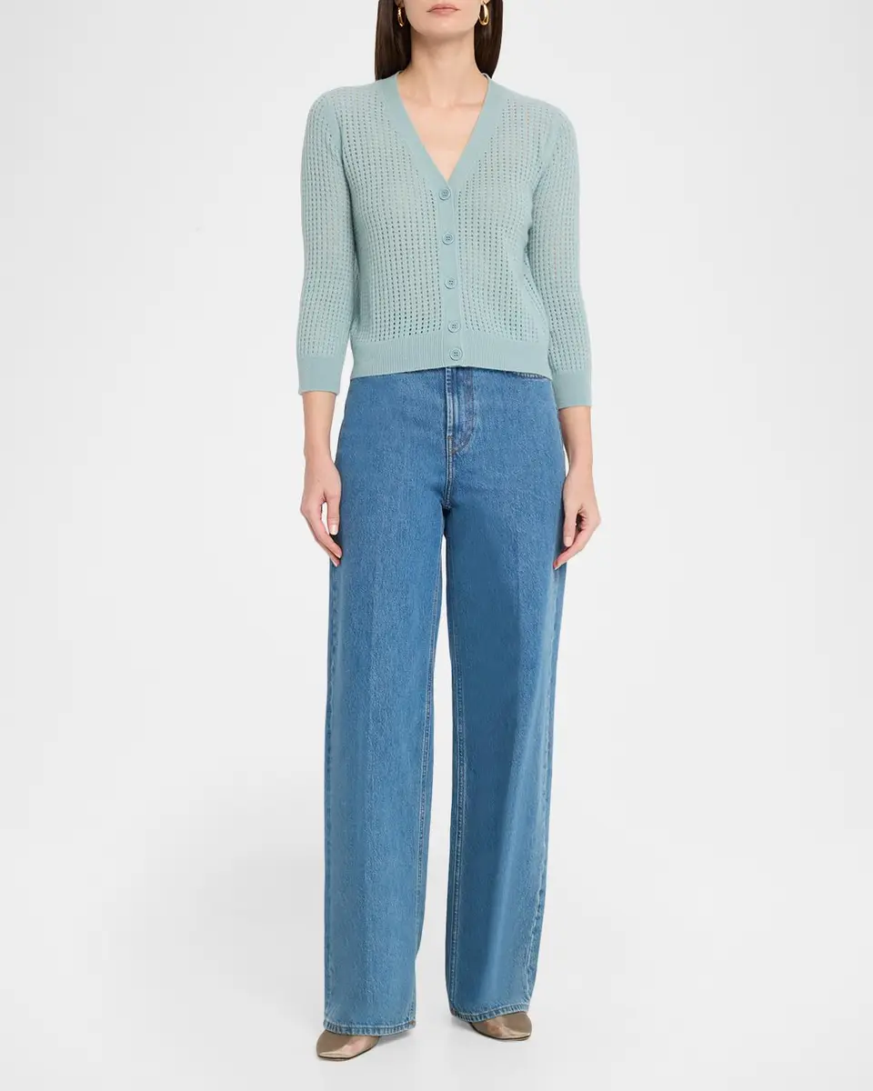 Neiman Marcus Cashmere Collection Pointelle Cashmere V-Neck Cardigan | Thumbnail 2 Neiman Marcus Cashmere Collection Pointelle Cashmere V-Neck Cardigan | Thumbnail 2