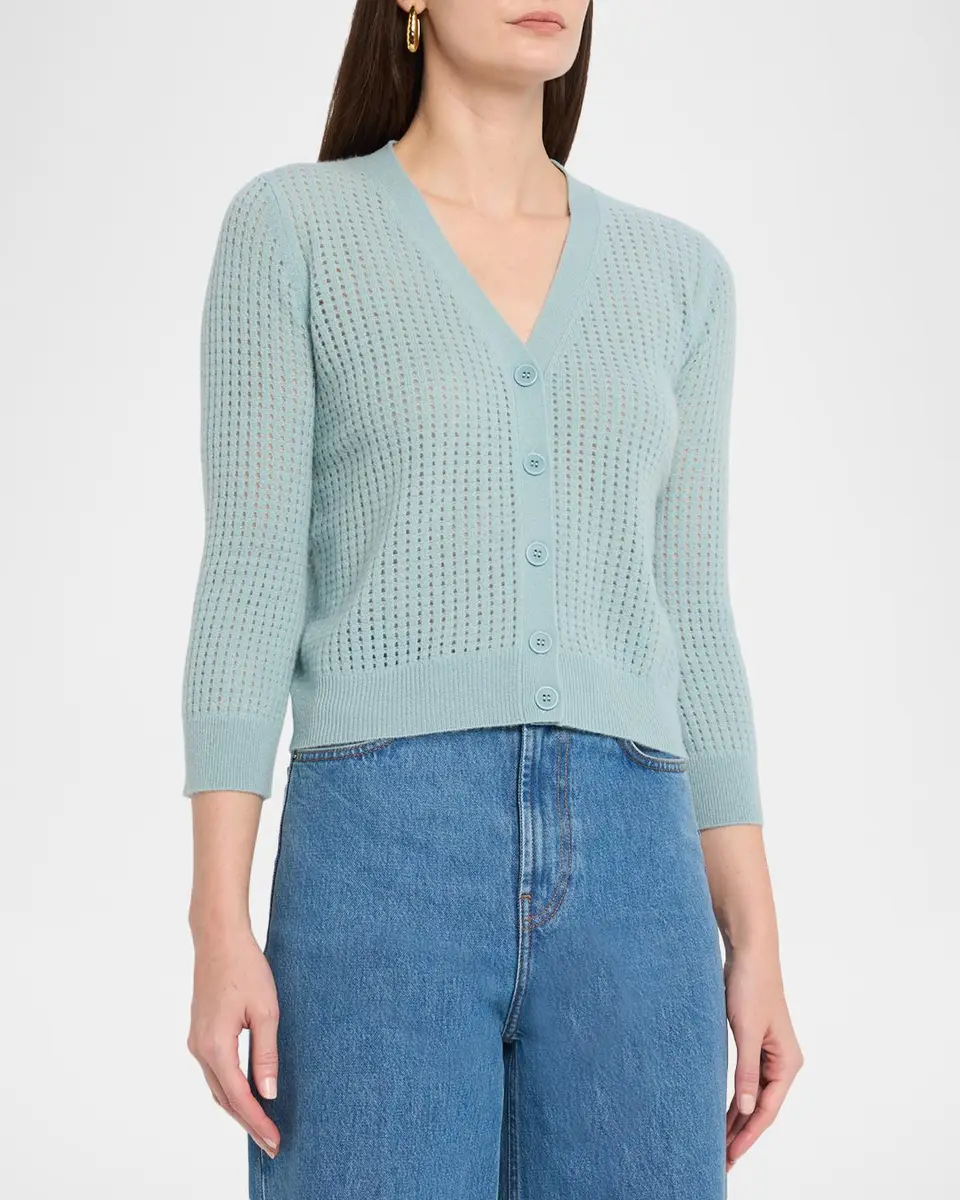 Neiman Marcus Cashmere Collection Pointelle Cashmere V-Neck Cardigan | Thumbnail 4 Neiman Marcus Cashmere Collection Pointelle Cashmere V-Neck Cardigan | Thumbnail 4