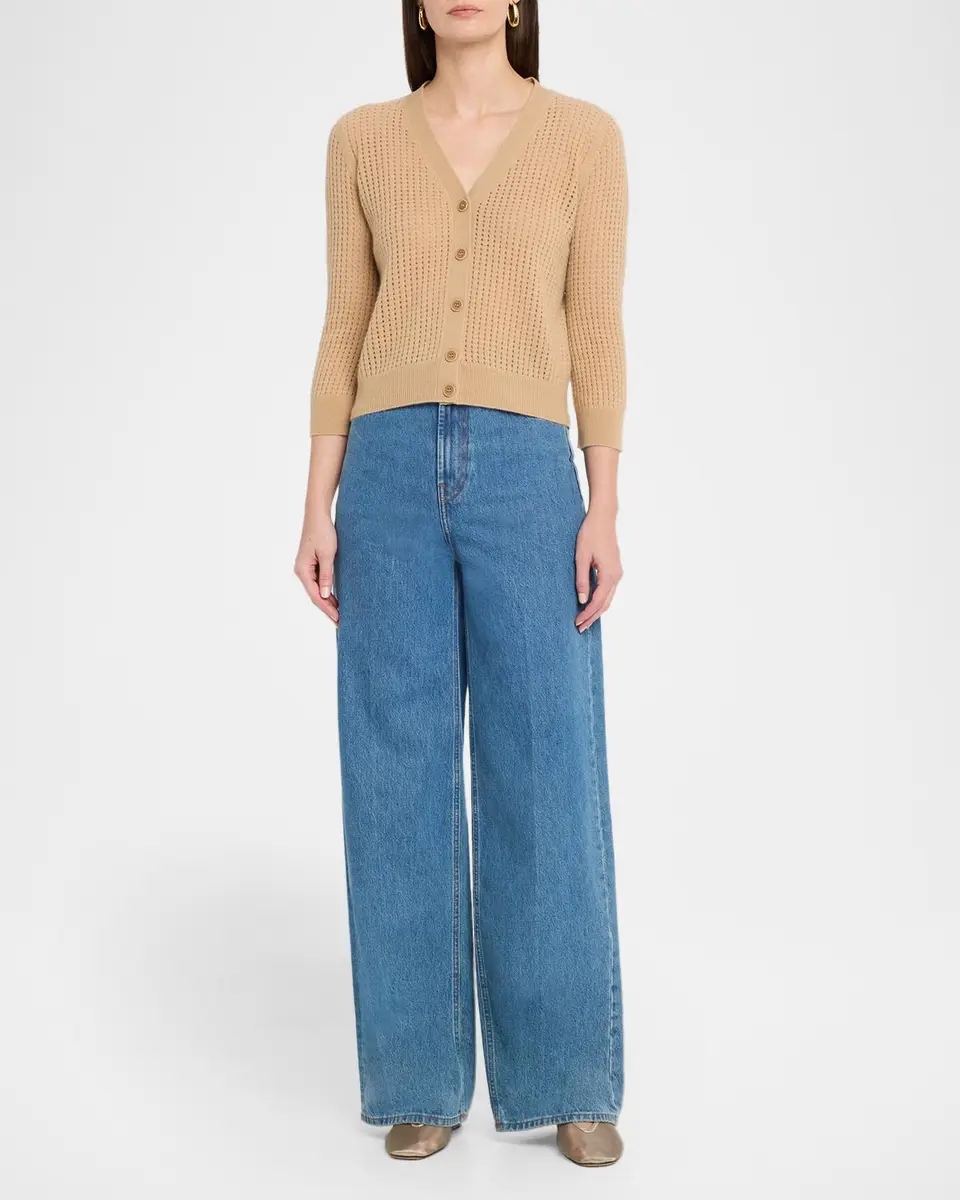 Neiman Marcus Cashmere Collection Pointelle Cashmere V-Neck Cardigan | Thumbnail 2