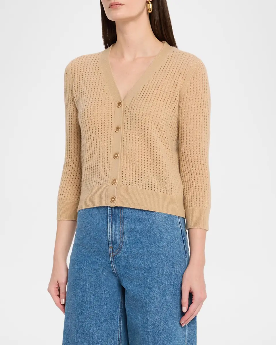 Neiman Marcus Cashmere Collection Pointelle Cashmere V-Neck Cardigan | Thumbnail 4