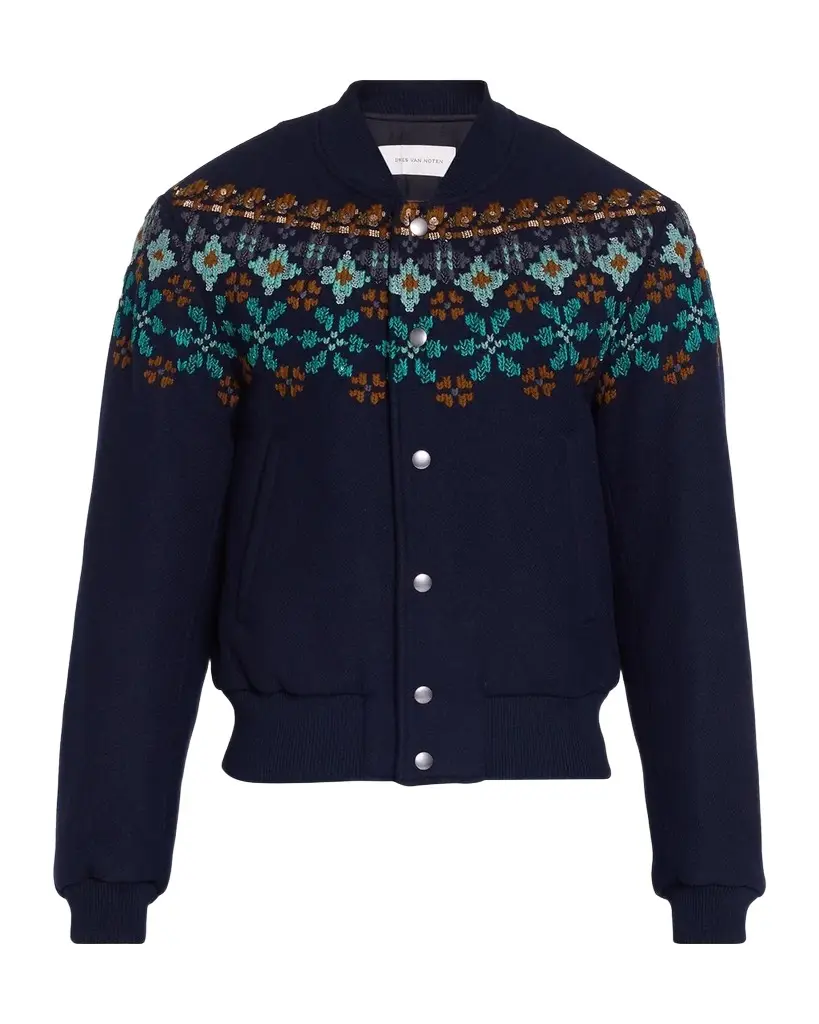 Dries Van Noten Men's Valtor Wool-Blend Intarsia-Knit Bomber Jacket