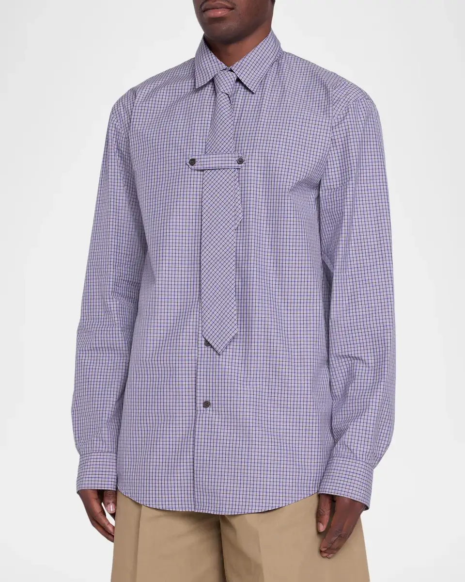 Dries Van Noten Men's Cilian 4063 Check Button-Front Shirt with Tie | Thumbnail 4 Dries Van Noten Men's Cilian 4063 Check Button-Front Shirt with Tie | Thumbnail 4