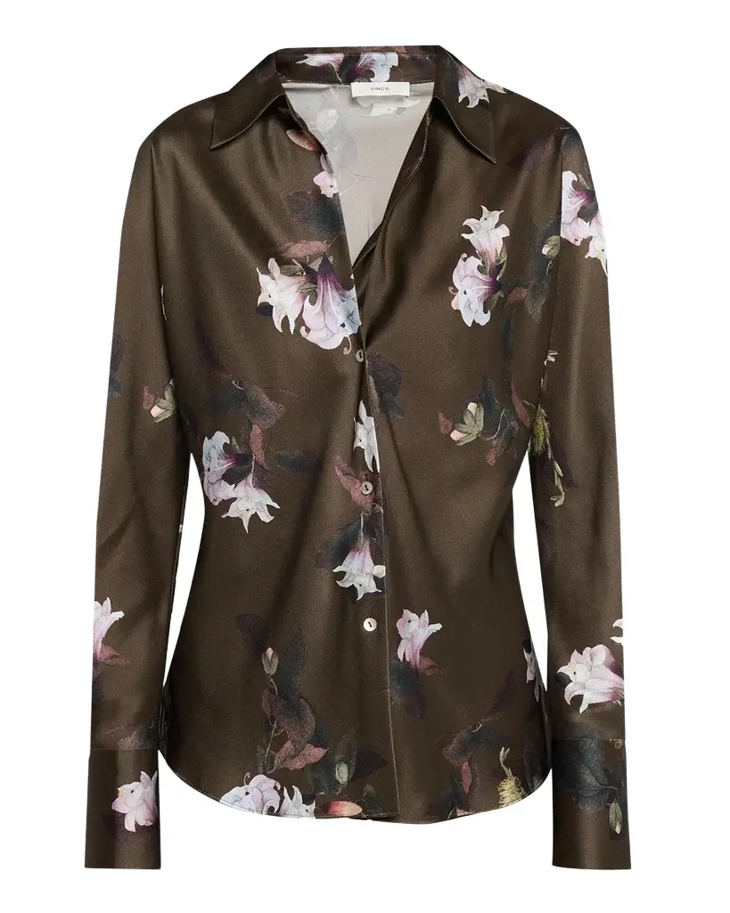 Vince Lily Vine Silk Bias Long-Sleeve Blouse