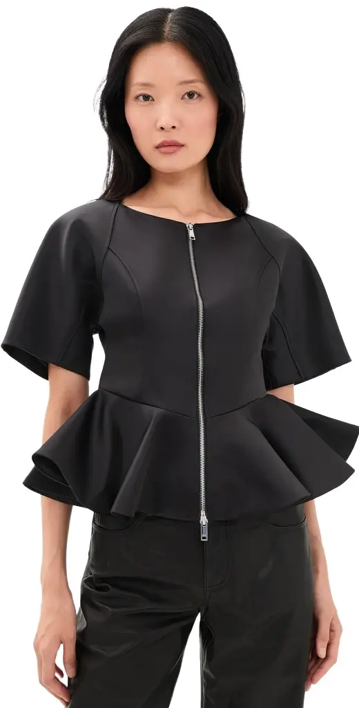 Ganni Duchesse Satin Peplum Zip Blouse